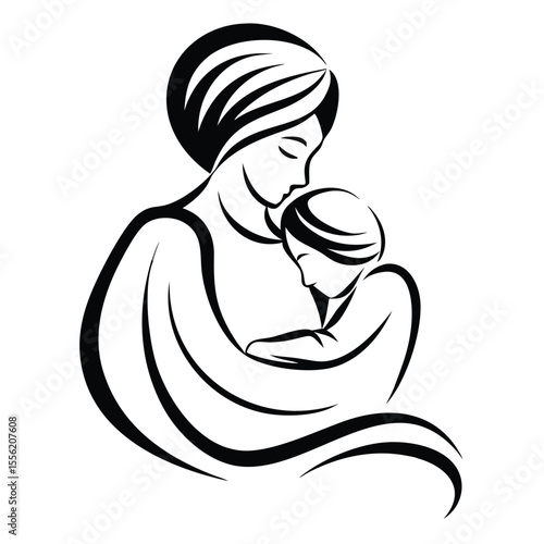 vector drawing punjabi mom with young son wearing and resting turbon on her lap with his head on her lap 