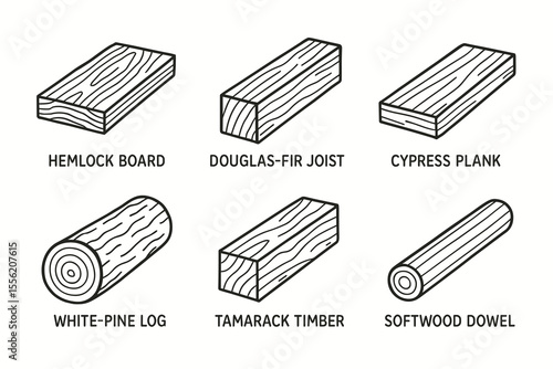 Wood types illustrated: hemlock, douglas-fir, cypress, white-pine, tamarack, softwood