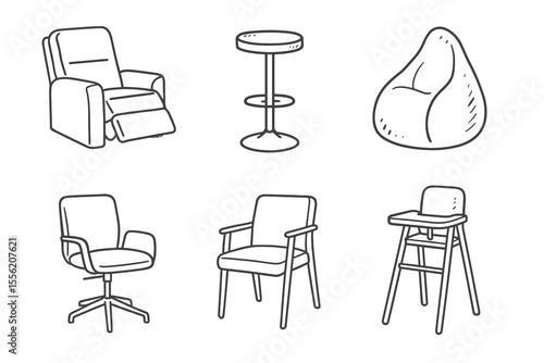 Sketches of diverse chairs and seating: recliner, stool, beanbag, office, dining, high chair