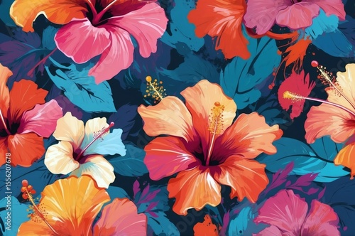 Colorful hibiscus flowers fill the canvas with vibrant hues and tropical vibes, creating a lively floral pattern