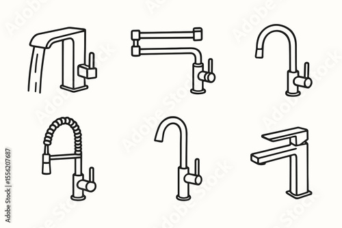 Hand-drawn faucet illustrations - modern kitchen and bathroom fixtures design
