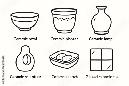 Hand-drawn ceramic objects illustration: bowl, planter, lamp, sculpture, soap dish, tile