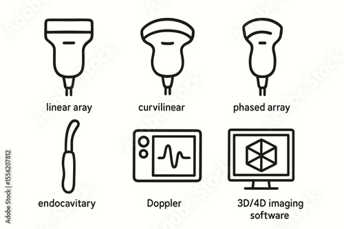Ultrasound probe types and imaging software icons