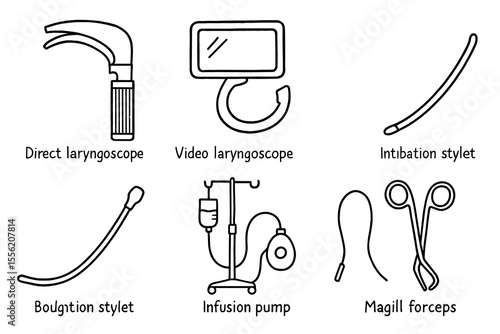 Medical equipment illustrations: laryngoscope, intubation stylet, infusion pump, magill forceps