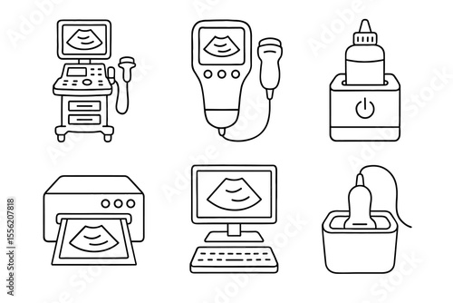 Medical ultrasound equipment icons illustrating diagnostic tools and gadgets