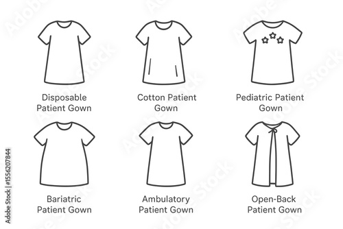 Various types of patient gowns: disposable, cotton, pediatric, bariatric, ambulatory, open-back