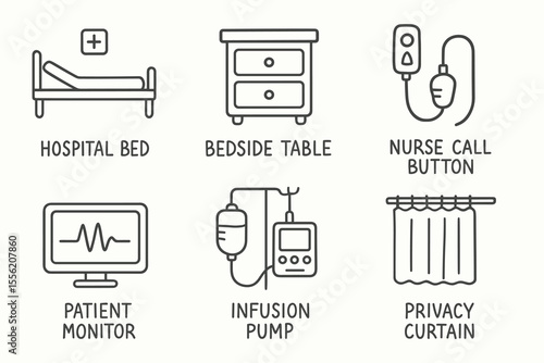 Medical icon set: hospital bed, bedside table, nurse call button, patient monitor, infusion pump, privacy curtain