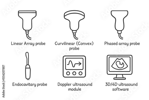 Ultrasound probes and software illustration: linear, curvilinear, phased, endocavitary, doppler, 3d/4d