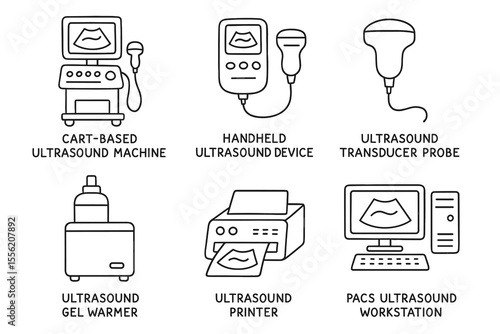 Medical ultrasound equipment diagram with various devices