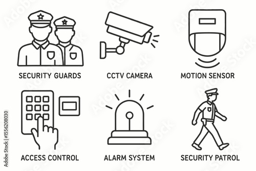 Security icons: guards, cctv, motion sensor, access control, alarm, patrol