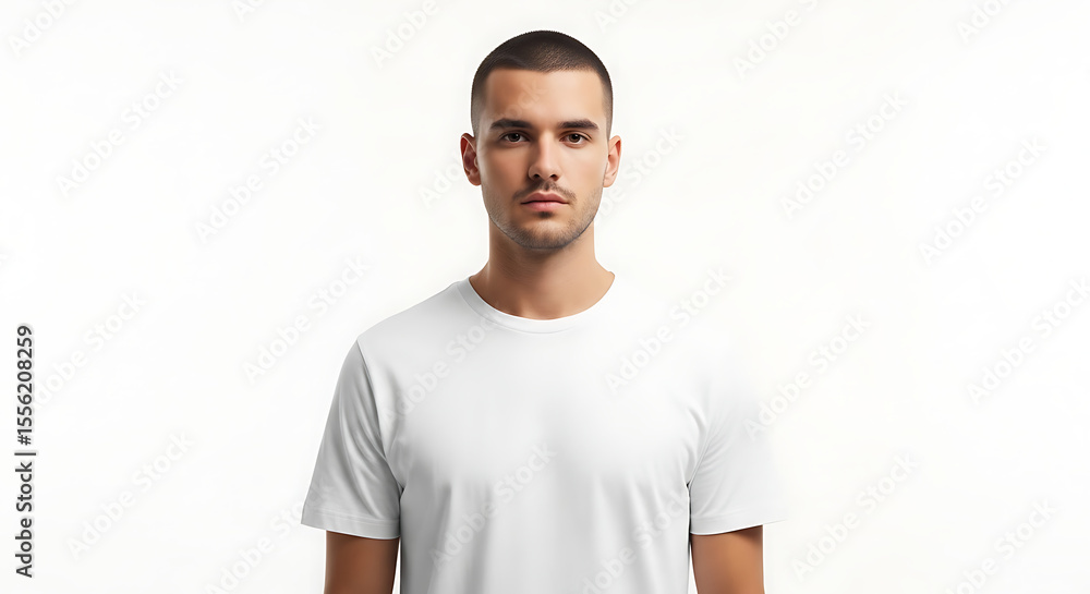 Fototapeta premium Young man with a confident smile wearing a white t-shirt and jeans standing against a white background