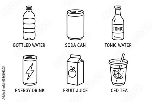 Outline of various drink containers including soda, tonic water, and energy drink
