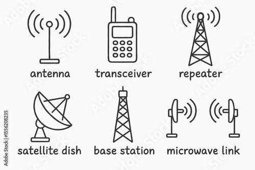 Communication equipment icons: antenna, transceiver, repeater, satellite dish, base station, microwave link