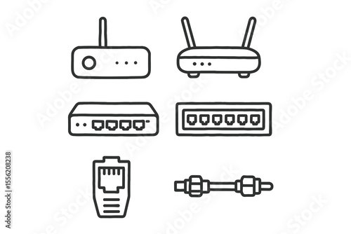 Illustration of network devices: routers, switch, ethernet cable, ports