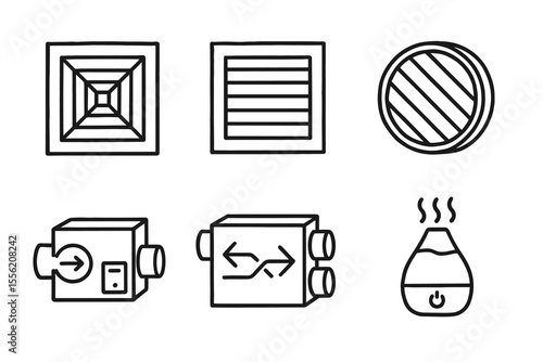 Six black and white hvac symbols including diffusers, vents, and humidifier
