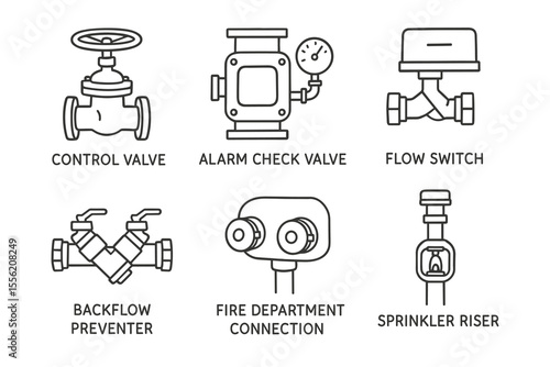 Fire safety system components: valves, switches, and connections diagrams