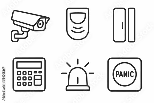 Home security system icons: camera, detector, alarm, and panic button