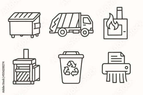 Waste management icons: dumpster, garbage truck, incinerator, recycling, baler, shredder