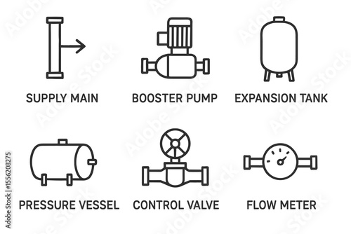 Plumbing and hydraulics icons: supply main, booster pump, expansion tank, pressure vessel