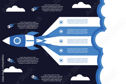 rocket startup infographic vector with timeline arrows and icons on dark background