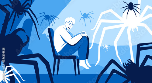 Person with Arachnophobia curled up on a chair surrounded by shadows of spiders  