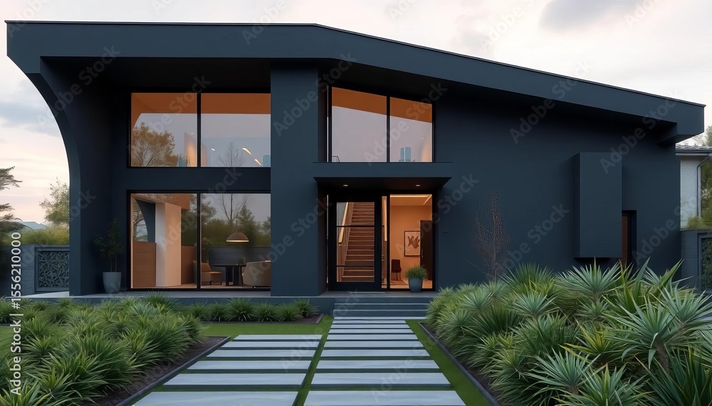 Fototapeta premium Sleek anthracite modern house exterior, minimalist design, architecture, elegant