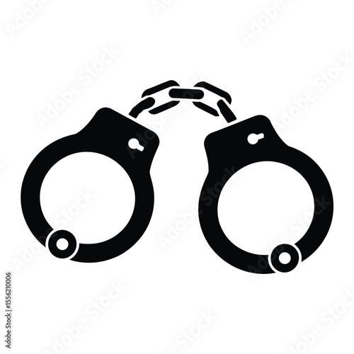 Black silhouette of handcuffs connected by a chain on a white background