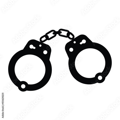 Simple black silhouette of handcuffs connected by a chain on a white background