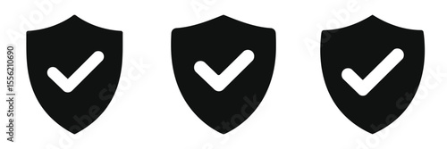 Integrity – Shield with checkmark, Three Black Shield Icons with White Checkmarks Representing Security and Protection