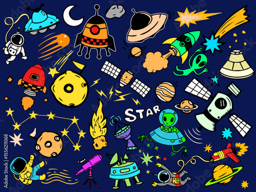 abstract illustration space solar system moon astronaut planet rocket earth cosmonaut comet universe orbit technology hand drawn comic