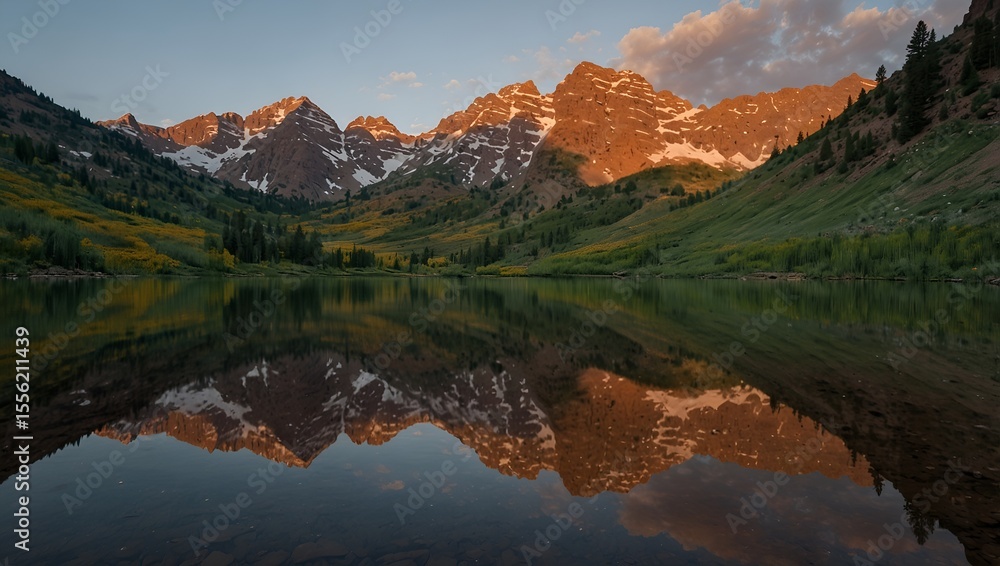 Naklejka premium Reflections at Maroon Bells lake sunrise