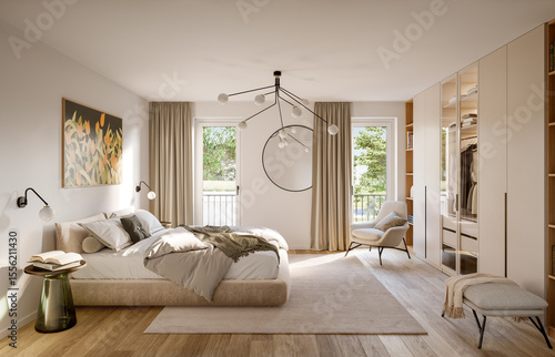 Wallpaper Mural 3D Rendering of a modern bedroom interior with a wardrobe. Torontodigital.ca