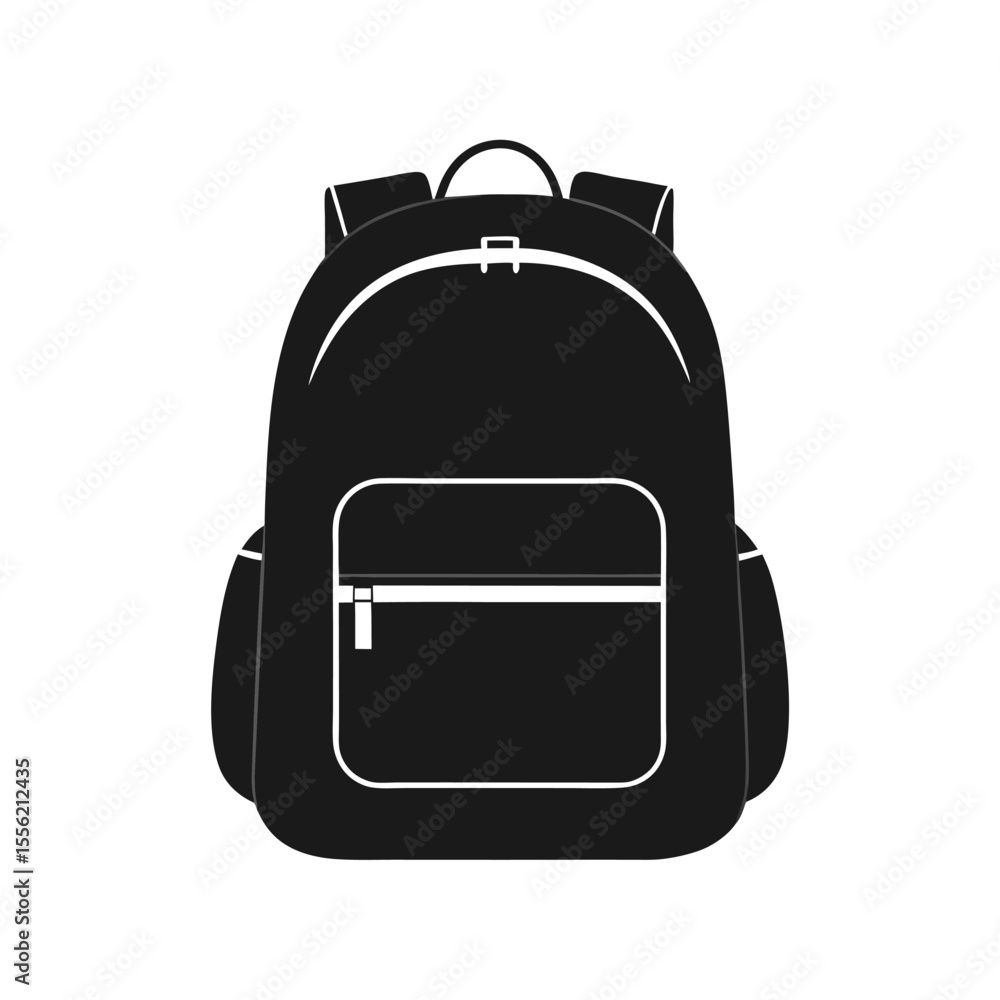 Simple black backpack icon, minimalist flat design, travel or school vector, clean style, perfect for education or lifestyle branding Simple black backpack icon, minimalist flat design, travel or school vector, clean style, perfect for education or lifestyle branding