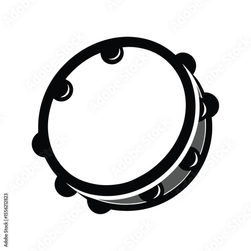 Black and white tambourine icon, bold musical instrument vector, minimalist design, versatile rhythm symbol for apps, print, or web