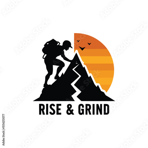Silhouette climber ascending mountain peak with Rise & Grind motivational text outdoor adventure vector design