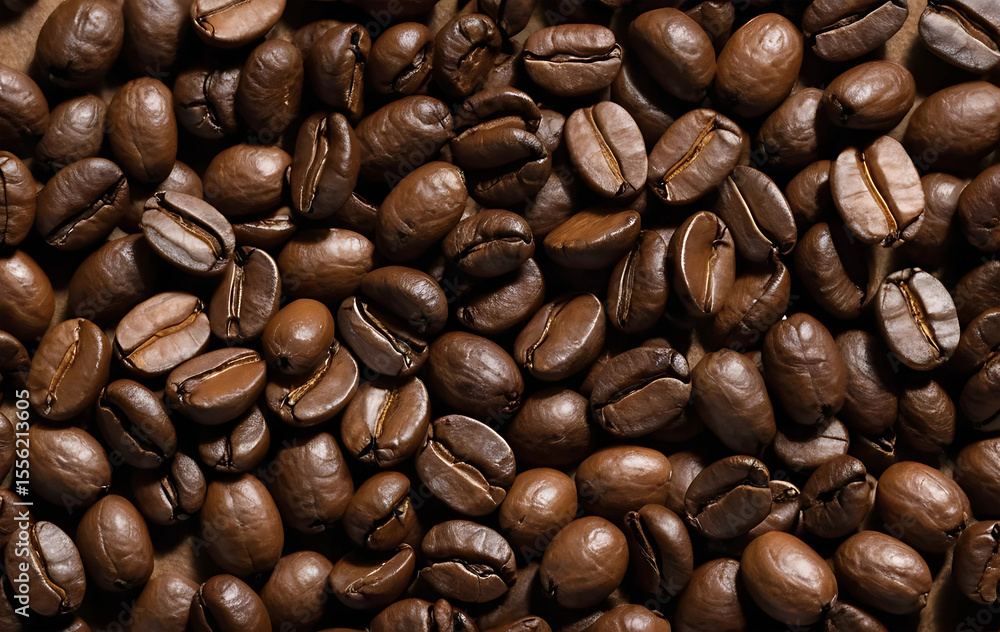 Obraz premium Studio macro coffee beans on the brown background with space for