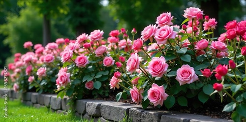 Wallpaper Mural Profusely Blooming Roses Spill Over Stone Border, Romantic Garden Scene Torontodigital.ca