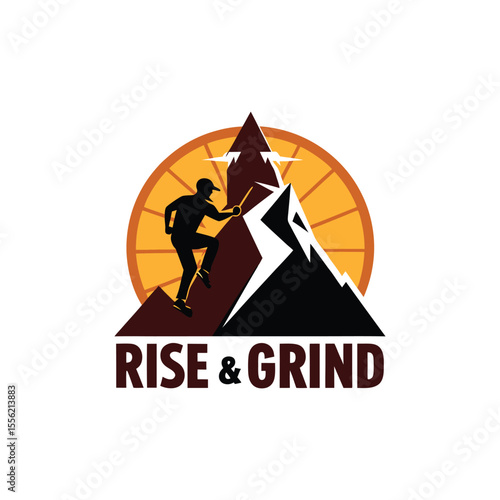 Silhouette climber ascending mountain peak with Rise & Grind motivational text outdoor adventure vector design