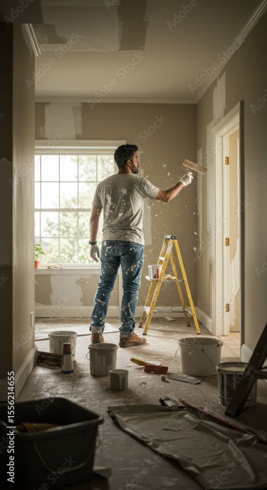 Fototapeta premium Man Painting Interior Wall in Home Renovation Scene with Ladder and Paint Supplies