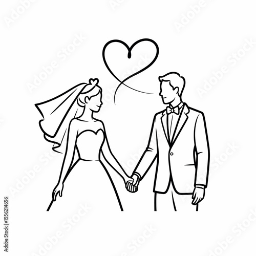 Elegant Line Art Illustration of a Bride and Groom Holding Hands