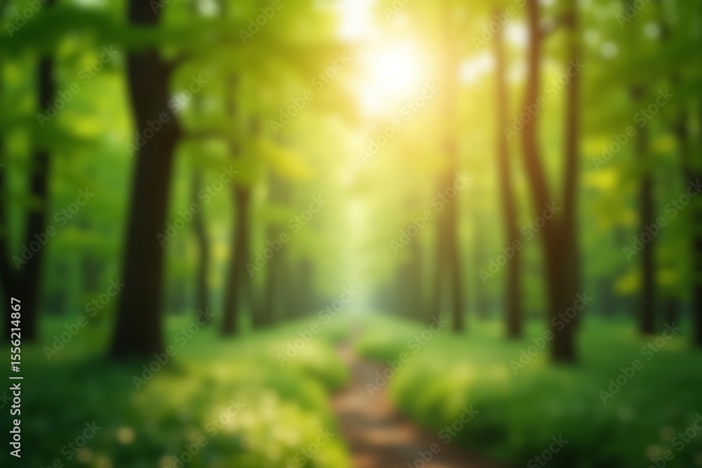 Obraz premium Sunlit Green Forest Path Bokeh Background Lush Nature Scenery Summer Sunlight Through Trees