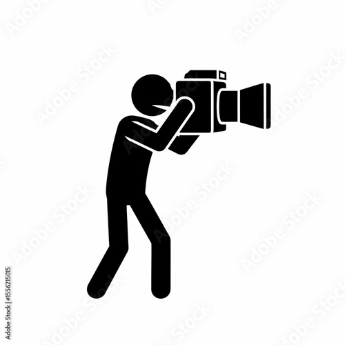 Stick figure filmmaker operating professional movie camera filming content creation hobby videography