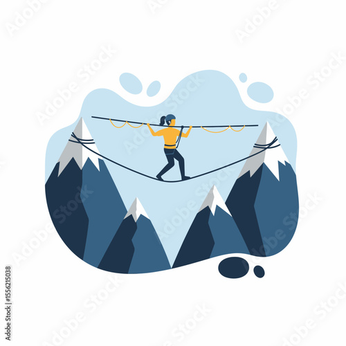 Woman balancing on a tightrope high above snowy mountains with safety gear