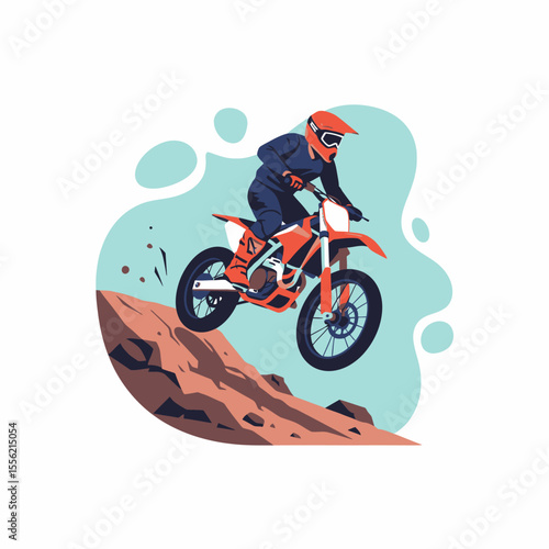 Motocross rider mid-air jumping over rocky terrain during a competition