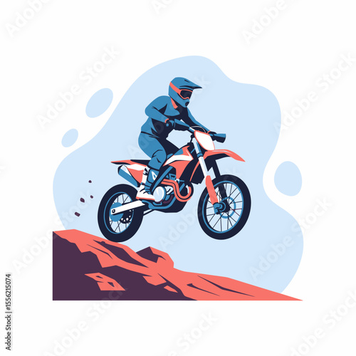 Dirt Bike Rider Jumps Off Rocky Terrain During Motocross Race
