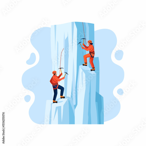 Two Climbers Ascend a Towering Ice Formation Using Ice Axes and Crampons