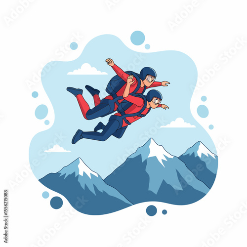 Two Skydivers Tandem Freefall Above Snow Capped Mountains
