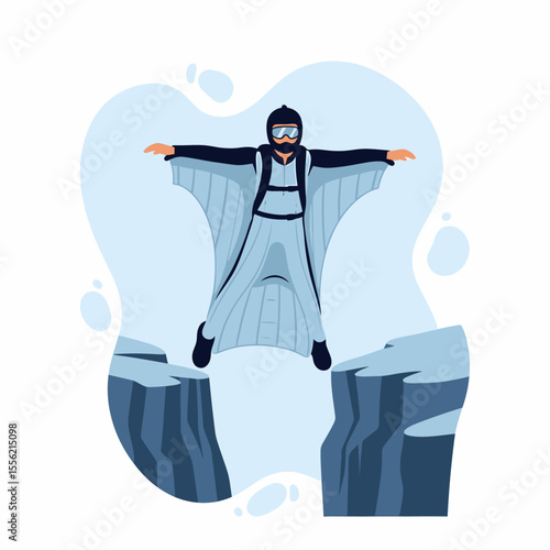 Man in Wingsuit Jumps Between Rocky Cliffs with Blue Sky Background