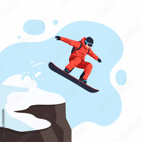 Exciting Snowboarder Jumping Off Snowy Cliff in Action Winter Sports