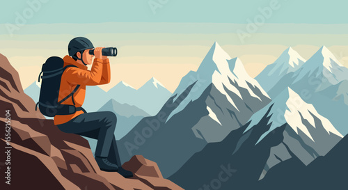 Adventurer gazes at distant snow-capped mountains with binoculars